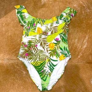 Trina Turk Tropical Floral Off-Shoulder Padded One-Piece Swimsuit sz14